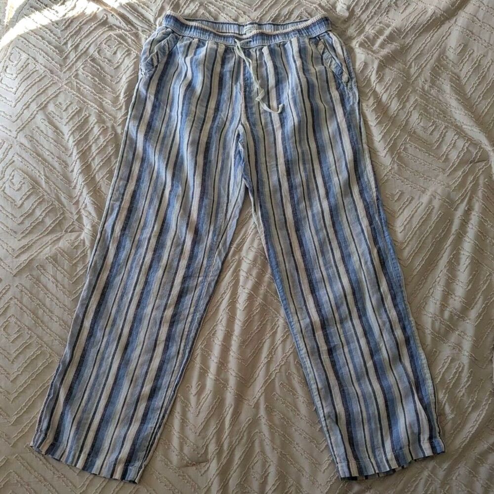 Artisan NY 100% Linen Pants Size Large Blue Striped Drawstring Coastal Summer